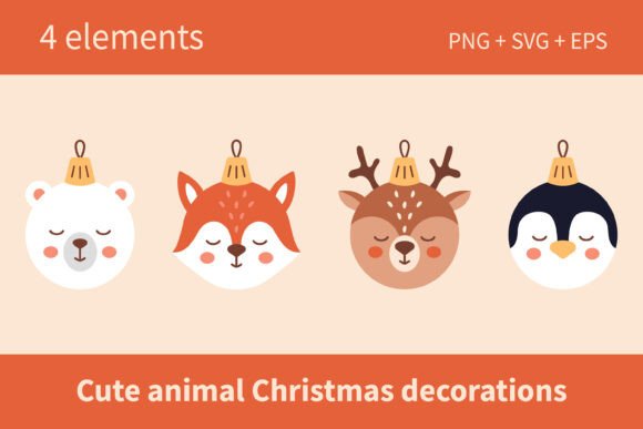 Cute Animals Christmas Baubles Set Graphics & Illustrations