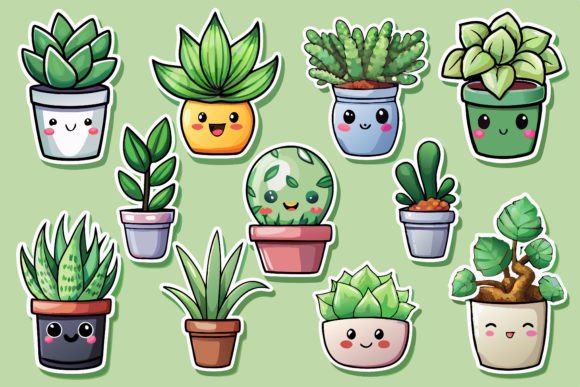Kawaii Cute Potted Plant Sticker Set Graphics Review